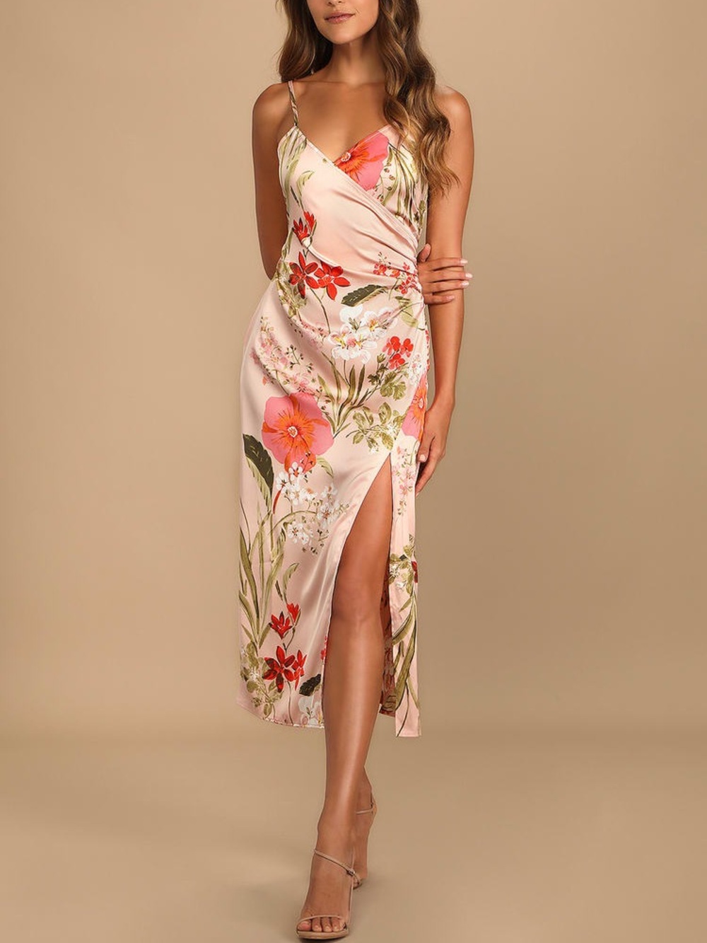Lulus Remarkable Entrance Pink Floral Print Satin Midi Dress Size Large NWT
